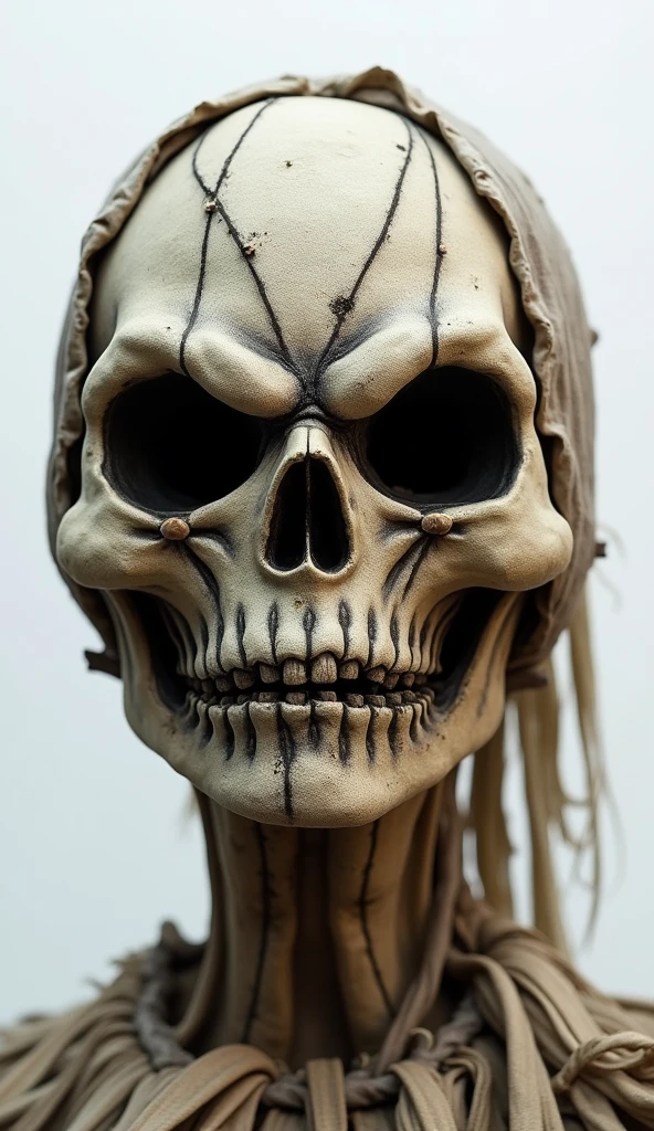 lose-up of a scarecrow's face, showing its creepy, stitched features and dark, hollow eye sockets. The scarecrow is isolated against a white backdrop, emphasizing its sinister appearance and unsettling expression
