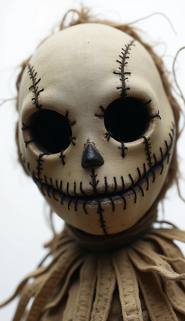 lose-up of a scarecrow's face, showing its creepy, stitched features and dark, hollow eye sockets. The scarecrow is isolated against a white backdrop, emphasizing its sinister appearance and unsettling expression