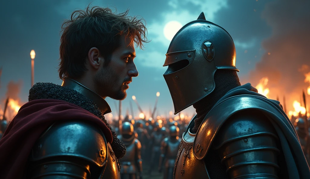 A highly realistic, high-contrast, 8K HD, detailed, hyper-detailed image depicting an intense standoff between the protagonist and the enemy general from the Lion army, set under the cover of night. The protagonist, a Crusader knight, is not wearing a helmet, revealing his determined and fierce expression as he faces his foe. The enemy general, clad in steel armor with a lion emblem and a helmet fully covering his face, stands directly opposite the protagonist, their faces inches apart in a tense and powerful confrontation.
In the background, the battlefield is alive with the chaos of war, as the Crusader and Lion armies clash under the dim light of the moon and stars. The sound of clashing swords and the cries of battle fill the air, adding to the tension of the scene. The atmosphere is charged with anticipation, as both warriors prepare for the inevitable clash. The dramatic lighting highlights the detailed armor and the intense emotions of the scene, with the two figures locked in a moment of high tension, while their armies fight fiercely behind them. The image is of the highest quality, with ultra-high resolution, RAW photo quality, and Unreal Engine rendering, capturing the epic face-off between the protagonist and the enemy general, set against the backdrop of a fierce nighttime battle.