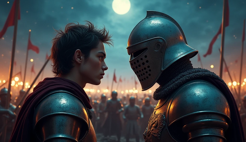 A highly realistic, high-contrast, 8K HD, detailed, hyper-detailed image depicting an intense standoff between the protagonist and the enemy general from the Lion army, set under the cover of night. The protagonist, a Crusader knight, is not wearing a helmet, revealing his determined and fierce expression as he faces his foe. The enemy general, clad in steel armor with a lion emblem and a helmet fully covering his face, stands directly opposite the protagonist, their faces inches apart in a tense and powerful confrontation.
In the background, the battlefield is alive with the chaos of war, as the Crusader and Lion armies clash under the dim light of the moon and stars. The sound of clashing swords and the cries of battle fill the air, adding to the tension of the scene. The atmosphere is charged with anticipation, as both warriors prepare for the inevitable clash. The dramatic lighting highlights the detailed armor and the intense emotions of the scene, with the two figures locked in a moment of high tension, while their armies fight fiercely behind them. The image is of the highest quality, with ultra-high resolution, RAW photo quality, and Unreal Engine rendering, capturing the epic face-off between the protagonist and the enemy general, set against the backdrop of a fierce nighttime battle.