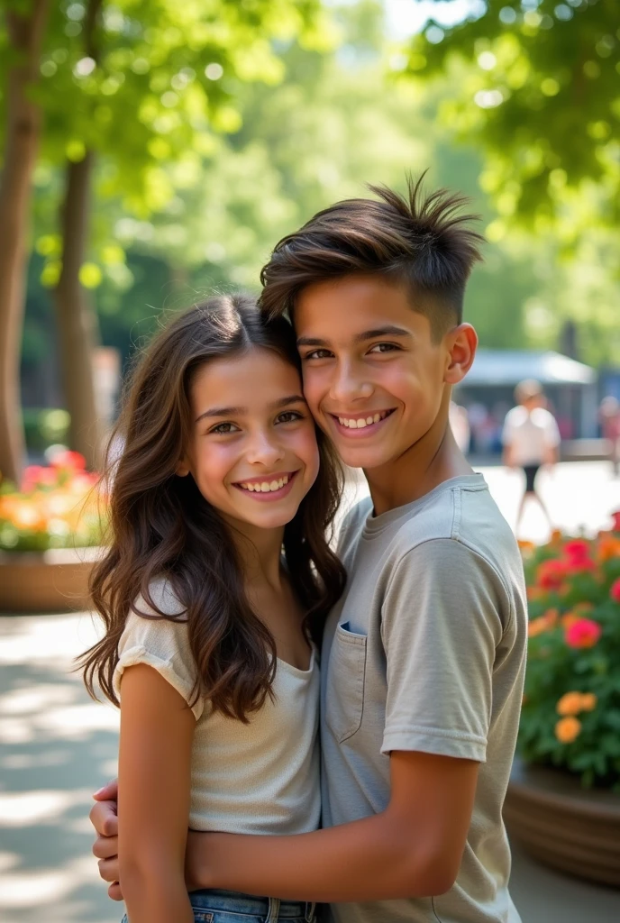 A brunette girl with dark brown eyes with a boy next to her, a brunette with dark brown eyes, tall and tall, the boy and the girl, the one with an American haircut and the one with wavy brown hair. 