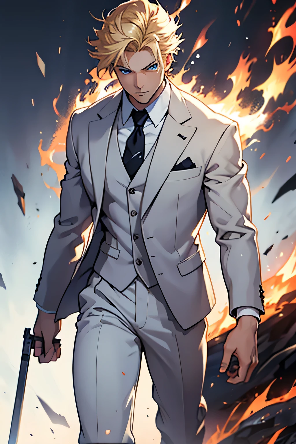 Very masculine, anime, solo leveling, male, that is white is blond and has blue eyes and suit and tie walking trugh fire cinematic background