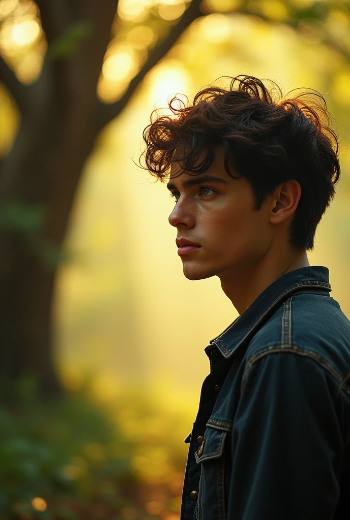 hyper realistic and high definition image of Adam looking at a blurred tree in the background, in a cinematic scene