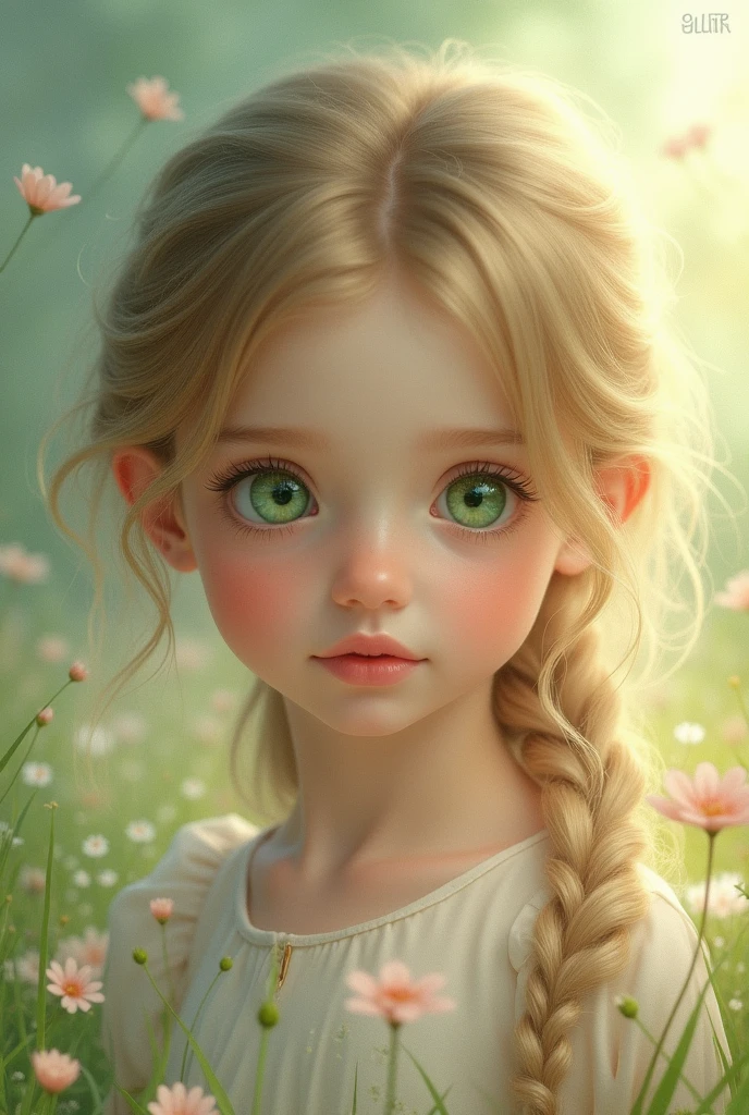 Innocent face of a girl with angelic green eyes pixie nose long narrow face and sharp jawline