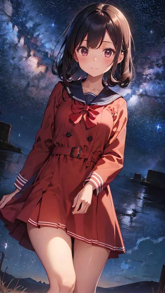 A sailor uniform dress with a long red coat over it.、A barren desert, the night sky, and the Milky Way galaxy.