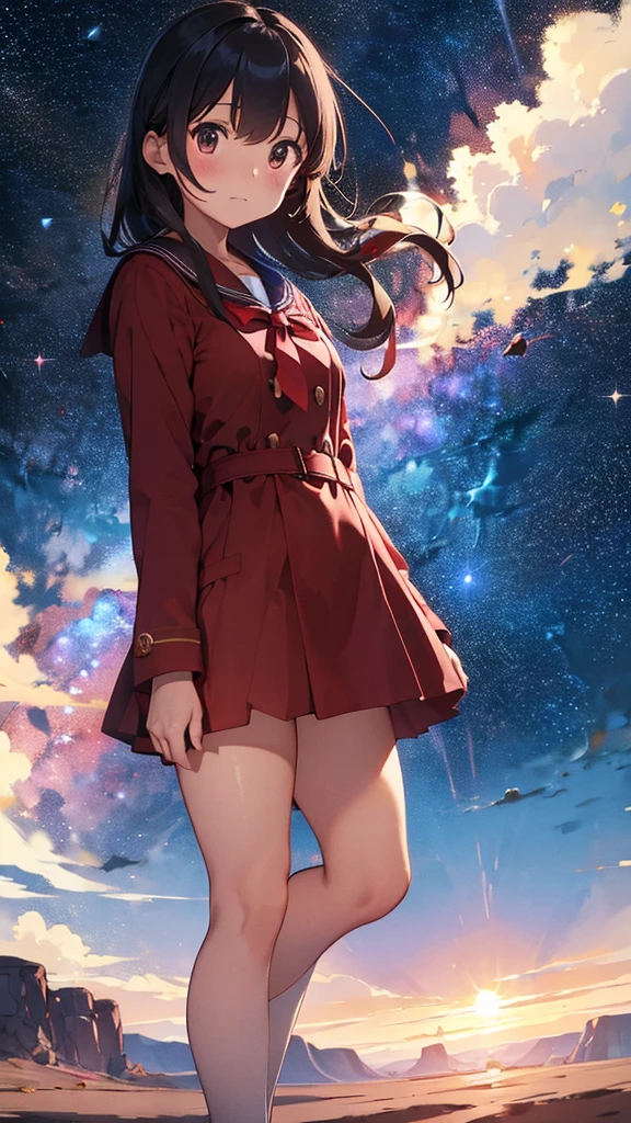 A sailor uniform dress with a long red coat over it.、A barren desert, the night sky, and the Milky Way galaxy.