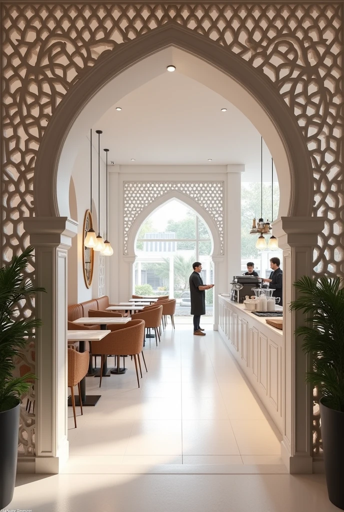 Could you design my dream coffee shop with 3 realistic images, where in each image you see a different view of the place, In the first, the entrance, in the second the place extensively and in the third a view from the kitchen, where the main color is white, I want the place to be spacious with latticework, the chairs and cabinets are cushioned, I want a modern concept, with LED lights throughout and it's called argenacob