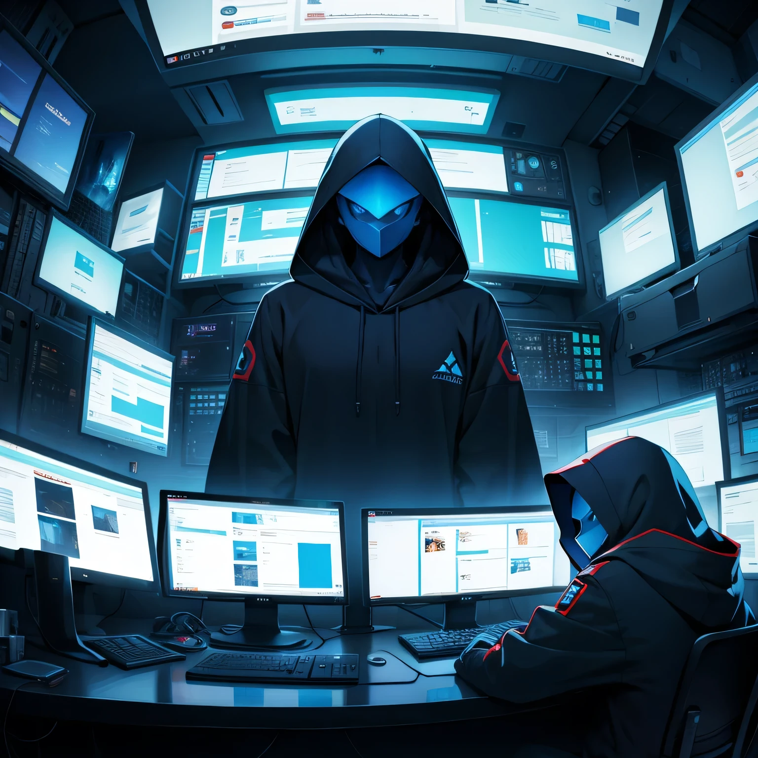 hacker,coasts,Lighting,Multiple monitors,hooded cloak
