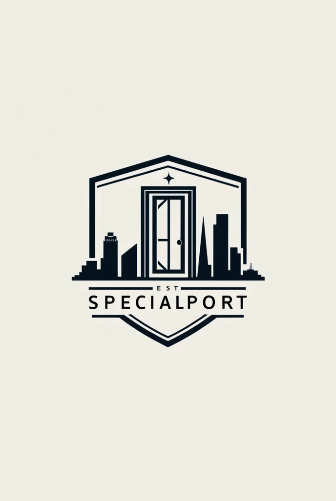 Logo for a remote concierge company called Special Port using the runes fehu, ansuz, wunjo, jera, benkana, It needs to look like a door Written SpecialPort The logo has to be simple and small The door needs to be modern and refer to technology The logo needs to have few lines and buildings, easy to understand that refers to a remote concierge company within a shield