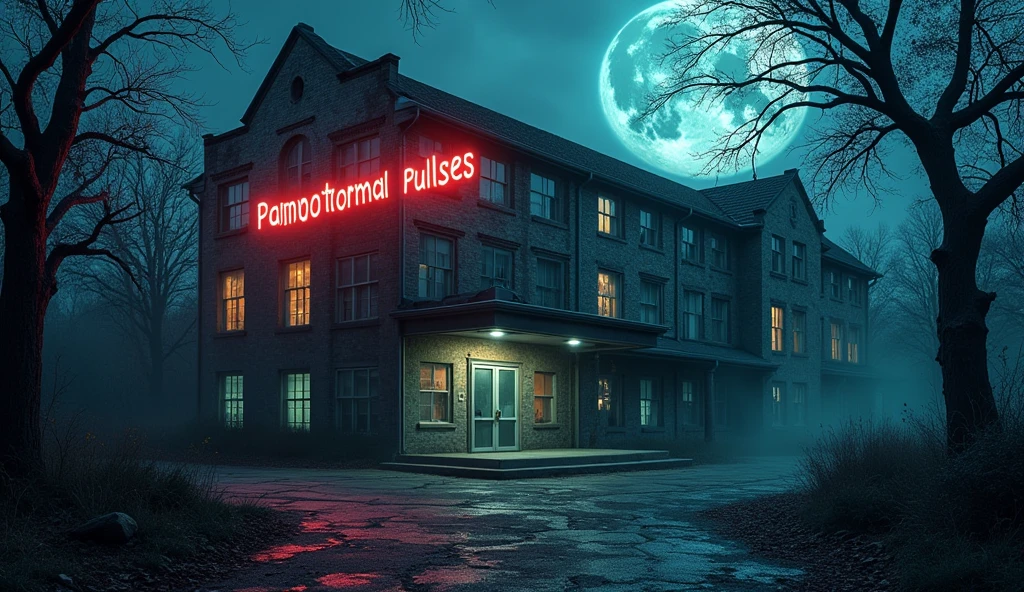 "Paranormal Pulses" Written on a Spooky hospital that's shinny and scary