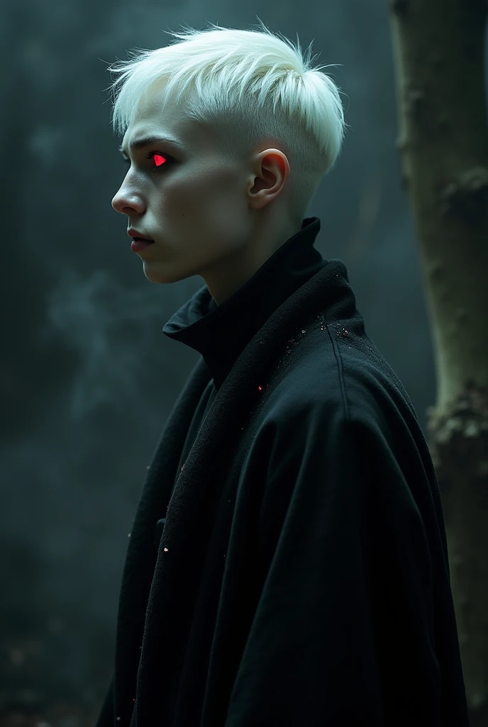 Profile of an albino demon, pale translucent skin, short platinum blonde hair, Red eyes, the sclera of your eye is black, is man, wear black clothes, His ears are normal.