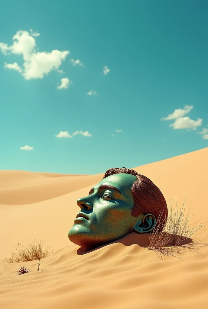 I want an image of a sad abandoned metal male head , decayed and buried in the sand in the surreal desert
