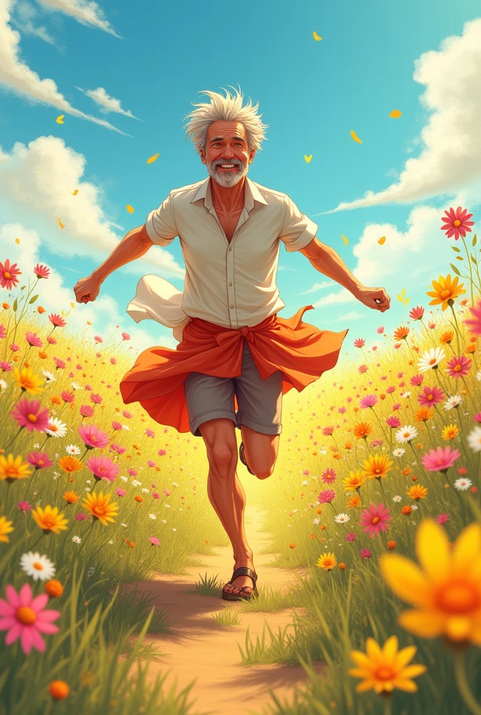 Running through a field of flowers
Wearing a skirt, a middle-aged man anime