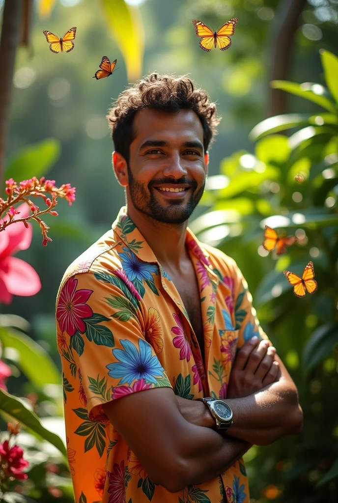 A Brazilian man in a lush tropical garden, wearing an open shirt with a floral print, with a close-up capturing the harmonious beauty between her breasts and the natural flowers, showing off your natural charm and outgoing personality. This man Joao Pedro Cavalcante de Melo
