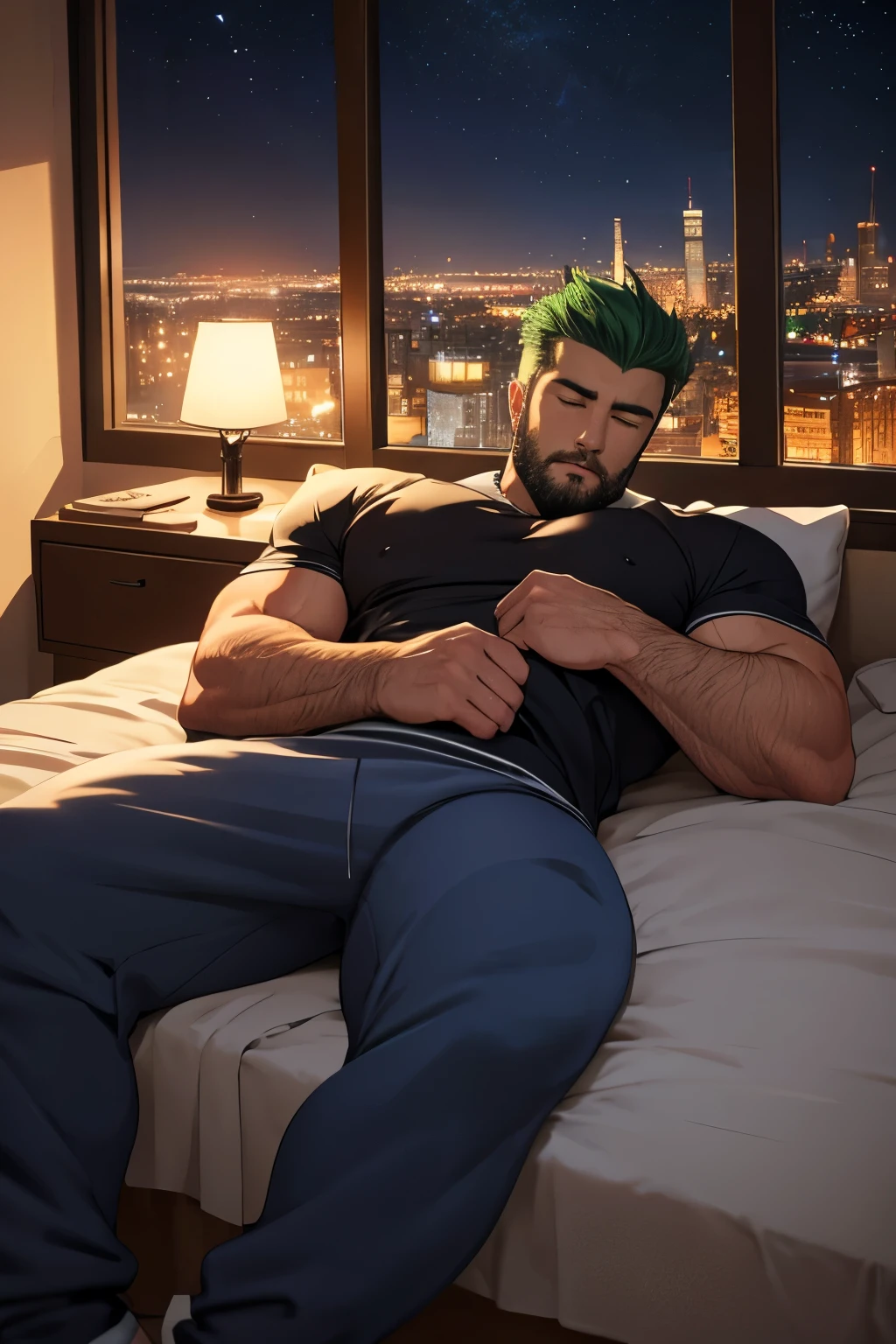 green hair ,white handsome man, 30 years old, (wearing blue sweatpants), hairy, stubble beard, robust, hunky, stocky, (lying down in bed, sleeping),detailed, masculine, daddy,  bedroom with table light, window with city in the background, starry night,(best quality, 4k, 8k, high resolution, masterpiece: 1.4), detailed facial features, glimmer