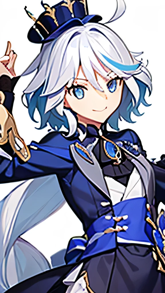 {high quality},one girl, very cute girl light smile, game illustration,furina, white hair,streaked hair,blue hair, blue eyes, top hat, jump, jewelry up,fate,takeuchi takashi,dynamic pose,