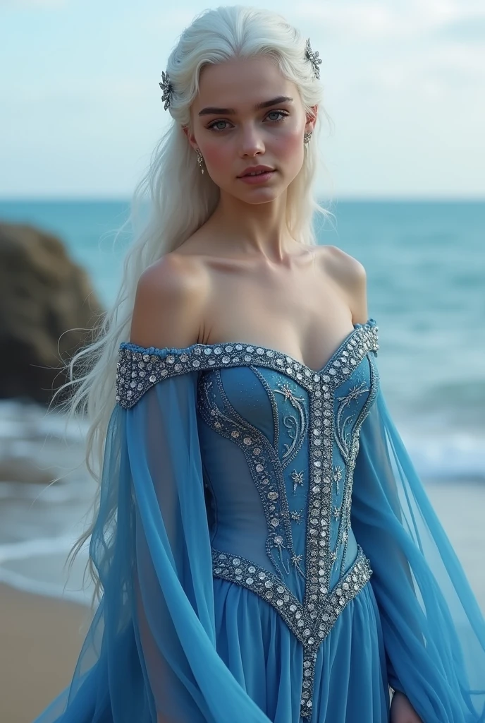 fantasy, Princess Targaryen, EA by the sea, a girl with white hair, in a blue dress, embroidered with silver threads of diamonds and pearls, with open shoulders