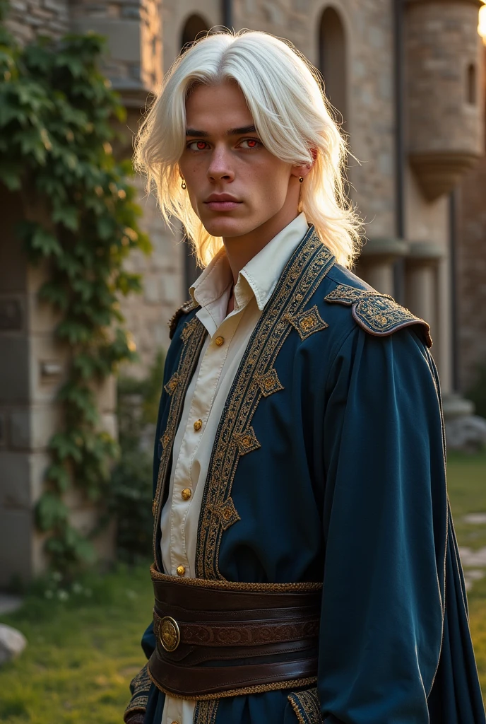 Male gender, drawing,
teenager, shoulder length white hair, Red eyes, Medieval clothing, slightly feminine, serious expression and full body
