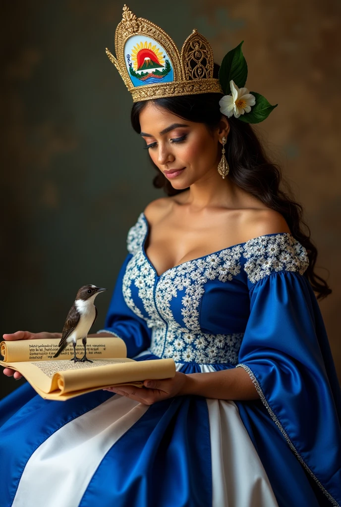 Create a beautiful full-body woman sitting wearing the traditional dress of Nicaragua with the flag on the dress, Reading the Nicaraguan National Anthem, do it with a golden scroll, holding the national bird, the guardabarranco or torogoz, with the sacuanjoche flower in your ear, and a crown shaped like the national shield of Nicaragua., the flag of Nicaragua is blue and white and the coat of arms is triangular with 5 volcanoes a red sun and above a rainbow and below the volcanoes a lake, that is, it humanizes Nicaragua blue and white