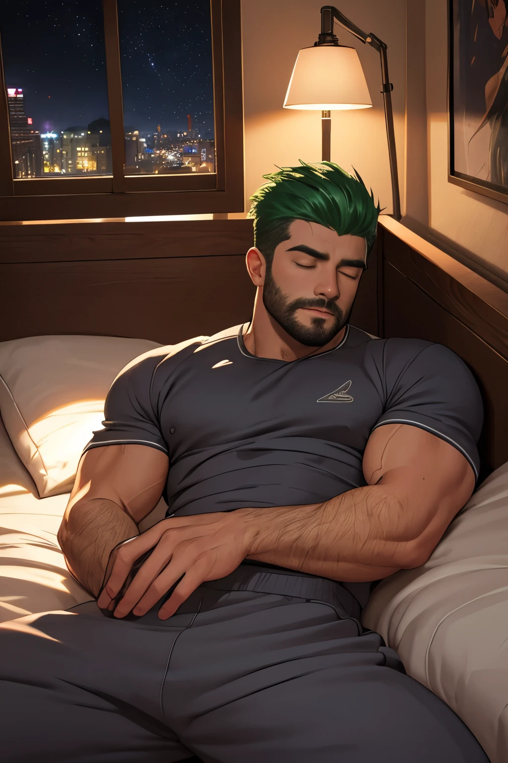 green hair ,white handsome man, 30 years old, (wearing blue sweatpants), hairy, stubble beard, robust, hunky, stocky, (lying down in bed, sleeping),detailed, masculine, daddy,  bedroom with table light, window with city in the background, starry night,(best quality, 4k, 8k, high resolution, masterpiece: 1.4), detailed facial features, glimmer