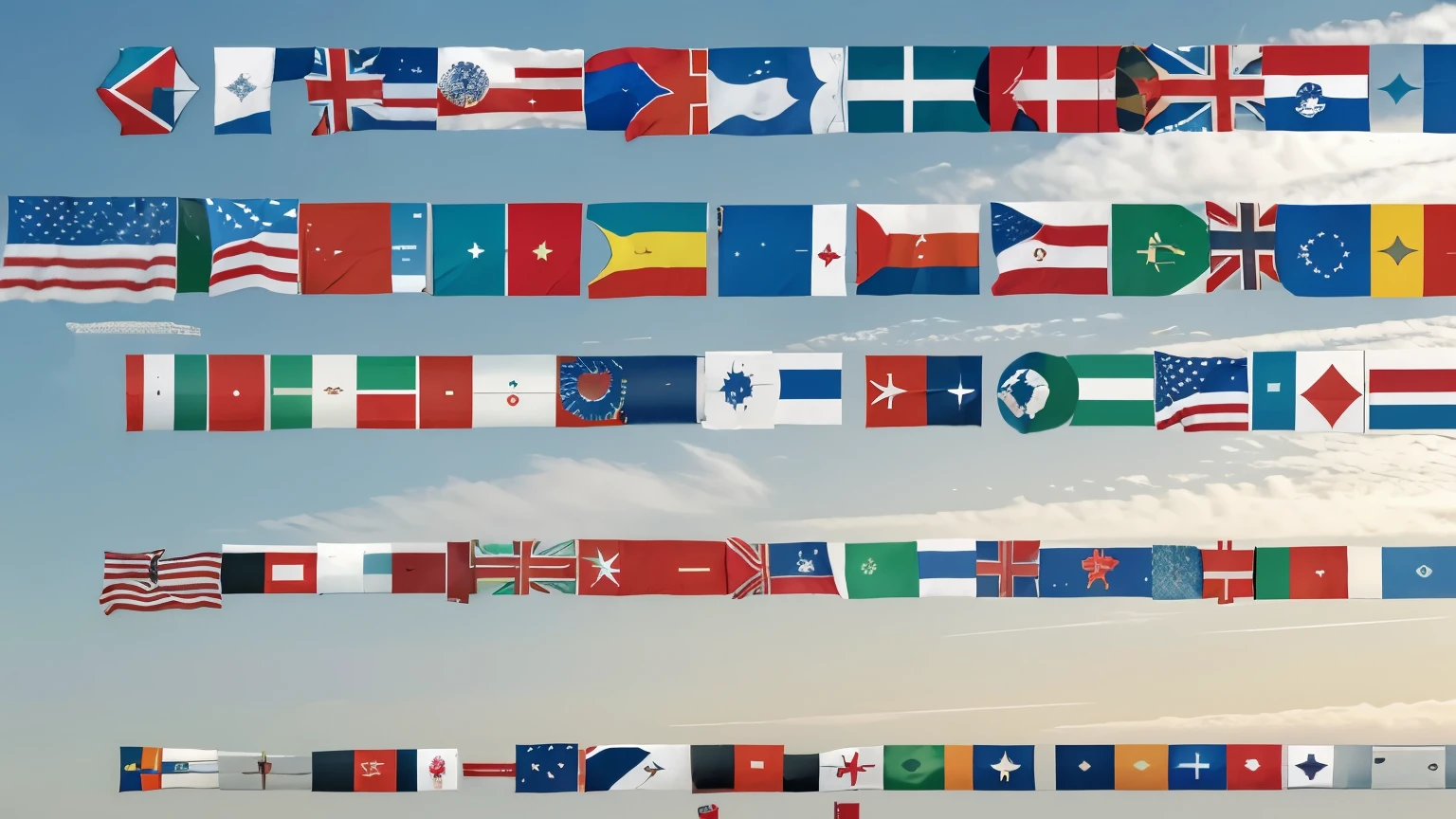 Flags of all countries flying together, global flags united in a single image, all national flags waving in one design, composite image of all country flags flying, worldwide flags in a single flying arrangement, collage of all country flags in motion, unified display of all national flags, global flag montage with flags waving, world flags fluttering together, all country flags in a flying formation