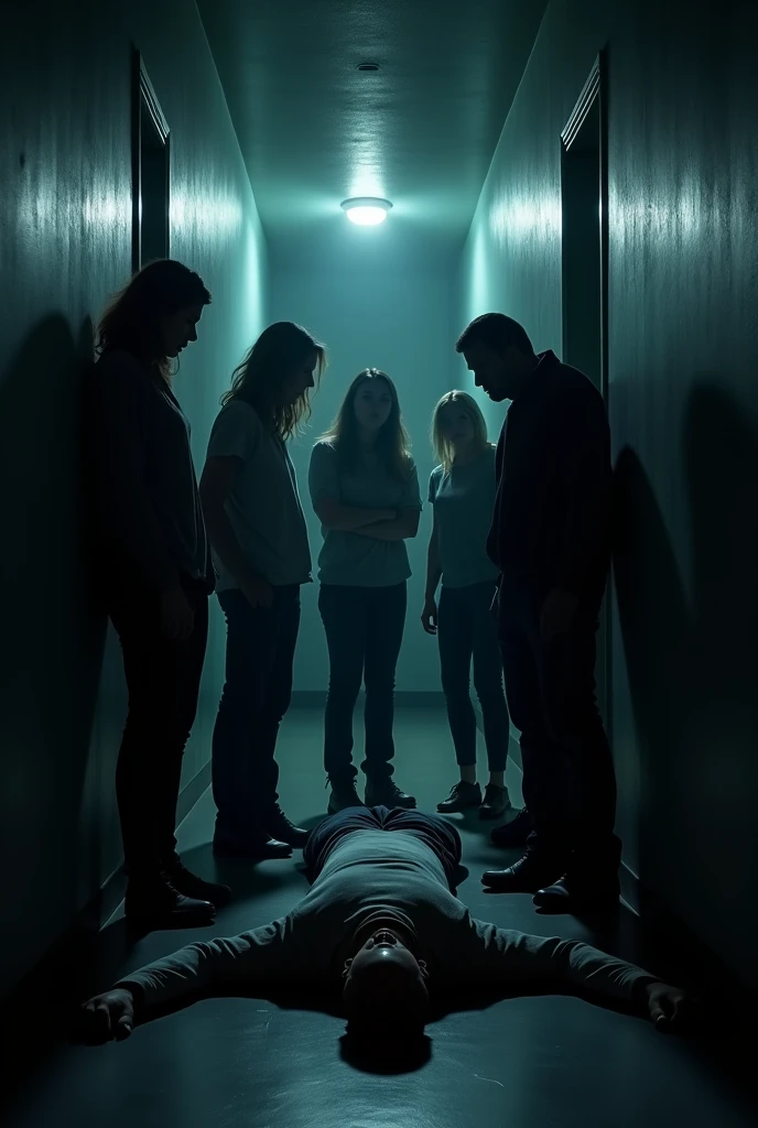 (photorealism:1.2), Dark corridor, light at the end. There are seven people standing in the center, three women and three men. The dead body of a 50-year-old man lies on the floor, only his head and a little of his body are visible. It is important that there are seven people in the middle, and a dead man in the foreground
