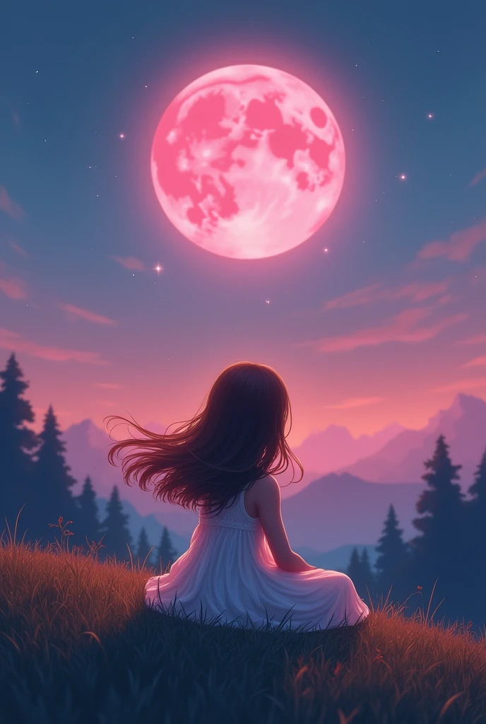 Pink moon on the sky behind sitting beautiful beautiful  young girl