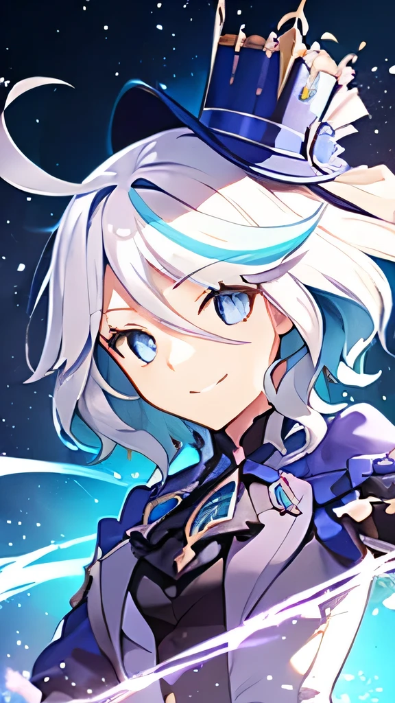 {high quality},one girl, very cute girl light smile, game illustration,furina, white hair,streaked hair,blue hair, blue eyes, top hat, jump, jewelry up,fate,takeuchi takashi,dynamic pose,
