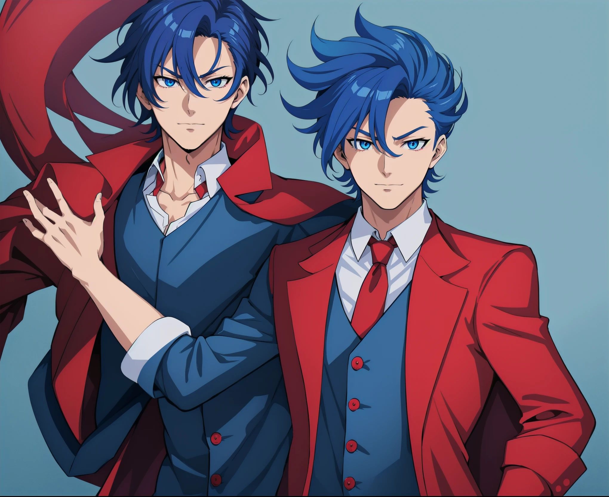 anime boy, dark blue hair, blue eyes, red suit, red coat, blue tie (beautiful and aesthetic:1. 5), thick black lineart, clean lineart, perfect lineart, sharp lineart, best quality, high quality, best quality, ultra-detailed, HD, beautiful lighting,