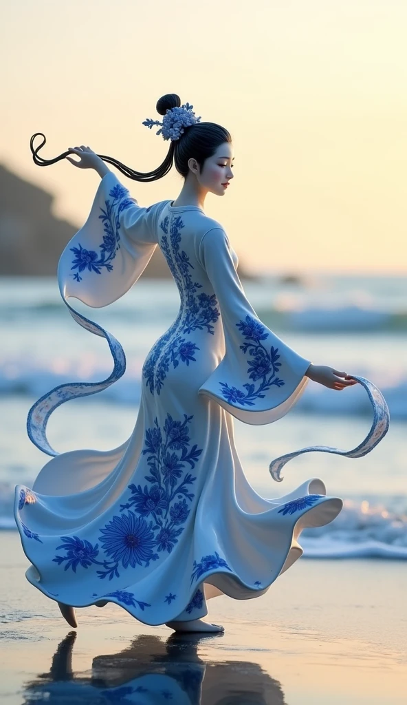 A product display image featuring a delicate figurine crafted from blue and white porcelain, representing a Tang Dynasty Chinese woman dancing gracefully. The sculpture captures the fluidity and elegance of traditional Chinese dance, with the figure in mid-motion, her flowing robes and intricate details rendered in the classic blue and white patterns of porcelain. The figure's pose is dynamic, with one arm extended and the other holding a long silk ribbon, which adds a sense of movement to the piece. The background is set against a serene seaside landscape, where the soft waves meet the shore, enhancing the calm and peaceful atmosphere of the scene. The contrast between the intricate blue and white patterns of the porcelain figure and the natural, tranquil beach setting highlights the craftsmanship and artistry of the sculpture. The overall composition should evoke a sense of cultural heritage, beauty, and serenity, perfect for showcasing the elegance of Chinese art.


