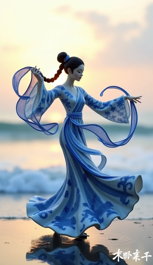 A product display image featuring a delicate figurine crafted from blue and white porcelain, representing a Tang Dynasty Chinese woman dancing gracefully. The sculpture captures the fluidity and elegance of traditional Chinese dance, with the figure in mid-motion, her flowing robes and intricate details rendered in the classic blue and white patterns of porcelain. The figure's pose is dynamic, with one arm extended and the other holding a long silk ribbon, which adds a sense of movement to the piece. The background is set against a serene seaside landscape, where the soft waves meet the shore, enhancing the calm and peaceful atmosphere of the scene. The contrast between the intricate blue and white patterns of the porcelain figure and the natural, tranquil beach setting highlights the craftsmanship and artistry of the sculpture. The overall composition should evoke a sense of cultural heritage, beauty, and serenity, perfect for showcasing the elegance of Chinese art.