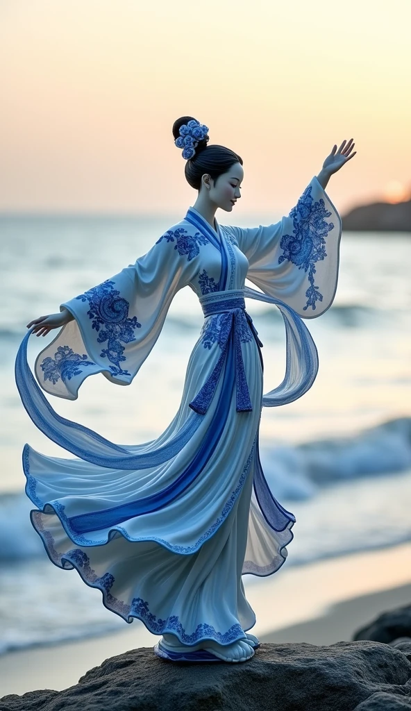A product display image featuring a delicate figurine crafted from blue and white porcelain, representing a Tang Dynasty Chinese woman dancing gracefully. The sculpture captures the fluidity and elegance of traditional Chinese dance, with the figure in mid-motion, her flowing robes and intricate details rendered in the classic blue and white patterns of porcelain. The figure's pose is dynamic, with one arm extended and the other holding a long silk ribbon, which adds a sense of movement to the piece. The background is set against a serene seaside landscape, where the soft waves meet the shore, enhancing the calm and peaceful atmosphere of the scene. The contrast between the intricate blue and white patterns of the porcelain figure and the natural, tranquil beach setting highlights the craftsmanship and artistry of the sculpture. The overall composition should evoke a sense of cultural heritage, beauty, and serenity, perfect for showcasing the elegance of Chinese art.