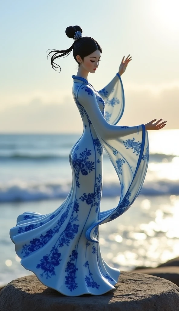 A product display image featuring a delicate figurine crafted from blue and white porcelain, representing a Tang Dynasty Chinese woman dancing gracefully. The sculpture captures the fluidity and elegance of traditional Chinese dance, with the figure in mid-motion, her flowing robes and intricate details rendered in the classic blue and white patterns of porcelain. The figure's pose is dynamic, with one arm extended and the other holding a long silk ribbon, which adds a sense of movement to the piece. The background is set against a serene seaside landscape, where the soft waves meet the shore, enhancing the calm and peaceful atmosphere of the scene. The contrast between the intricate blue and white patterns of the porcelain figure and the natural, tranquil beach setting highlights the craftsmanship and artistry of the sculpture. The overall composition should evoke a sense of cultural heritage, beauty, and serenity, perfect for showcasing the elegance of Chinese art.


