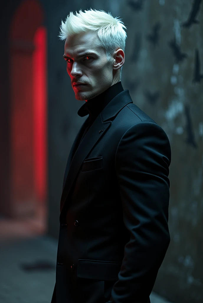Profile of an albino demon, pale translucent skin, short platinum blonde hair, Red eyes, the sclera of your eye is black, is man, wear black clothes, His ears are normal.