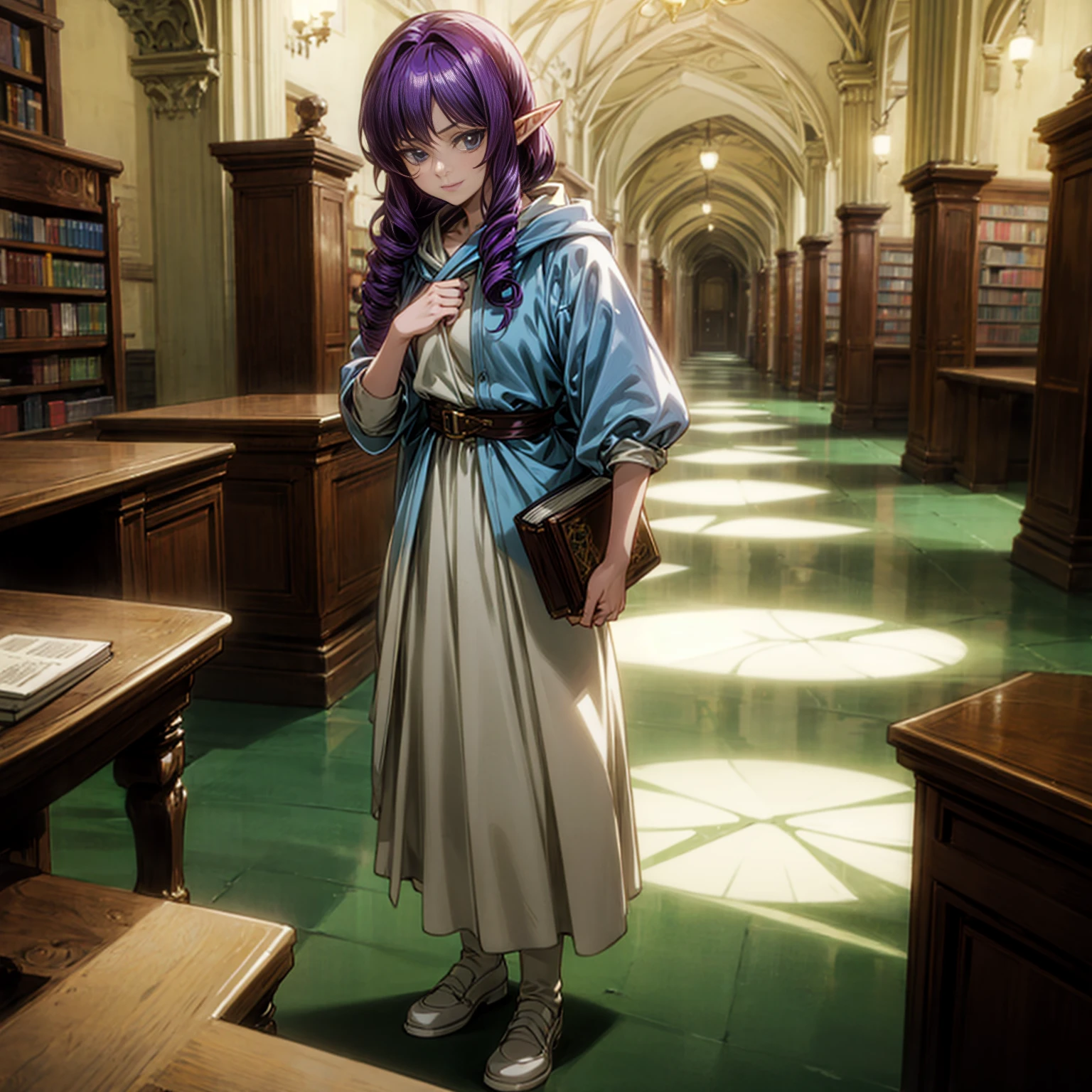 Solo character, full body version, , (elf), blue eyes, purple color hair, long Curly haircut, His hair covered his eyes, brown Hoodie, white long skirt, shoes, indoor, library, town, medieval, detailed background, detailed clothing, detailed hair, standing gesture, smile mouth, book in hand, medium breast,  (one piece style art, Hunter x Hunter style art), 