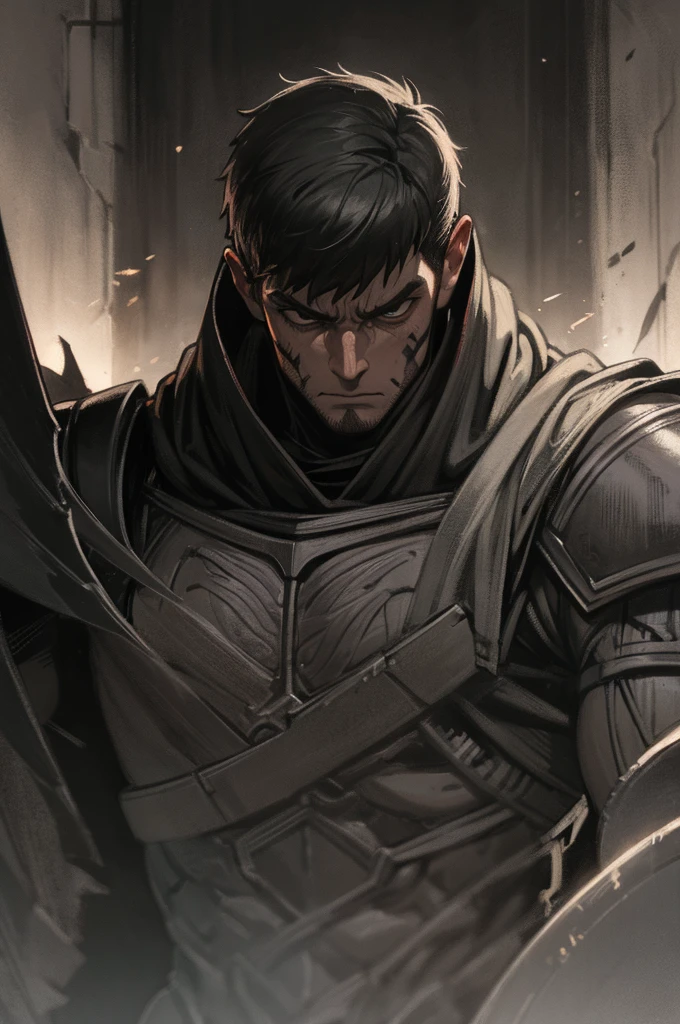 a muscular man in black armor with bandages, facing the viewer, with manly features, scars and wounds, smooth skin, sharp focus, illustration, guts (berserk), dark angel wings, cinematic lighting, dramatic pose, hyper detailed, oil painting, photorealistic, chiaroscuro, muted colors, moody atmosphere