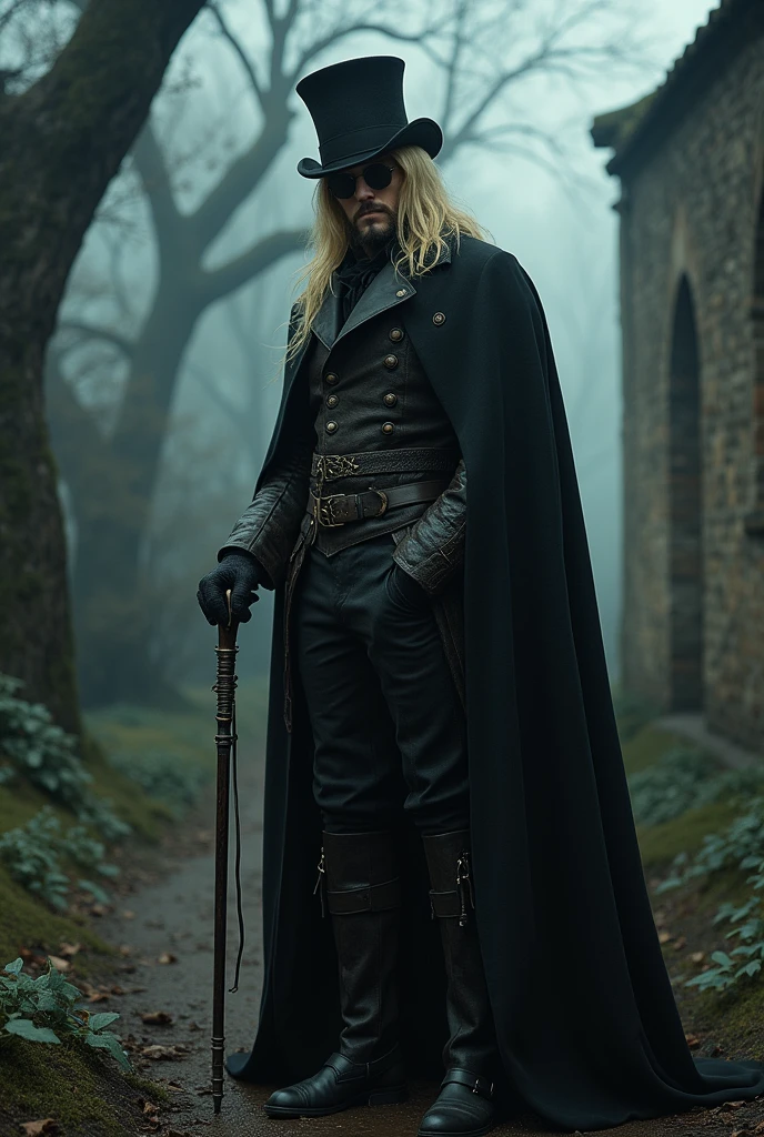 A hunter from bloodborne dresses with a top hat and the hunter set, usig dark glasses and a cane as your weapon, white skin tone, blonde long hair and a goatee as facial hair
