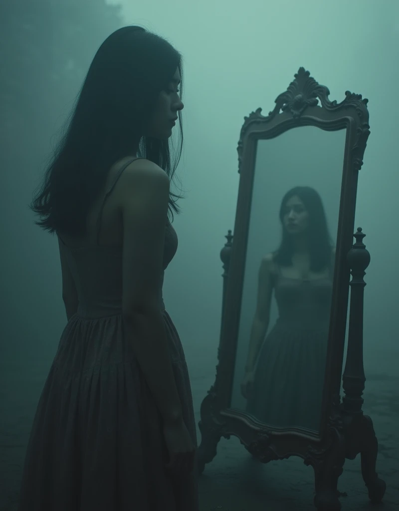 A mystical, inscrutable fog slowly engulfs a young Asian woman, her shadowy form cloaked in ambiguity. Foreground features an antiquated, elaborately decorated mirror that reflects an indistinct image, signifying the hidden truth of her identity. The entire scene is immersed in nuanced hues of riddle and secrecy, hinting at the enigma contained within the yet to be revealed narrative of a daughter unearthing her concealed history.