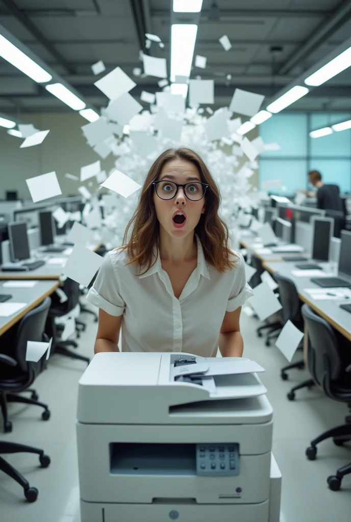 office, girl stands in front of printer in panic, and the printer throws out paper