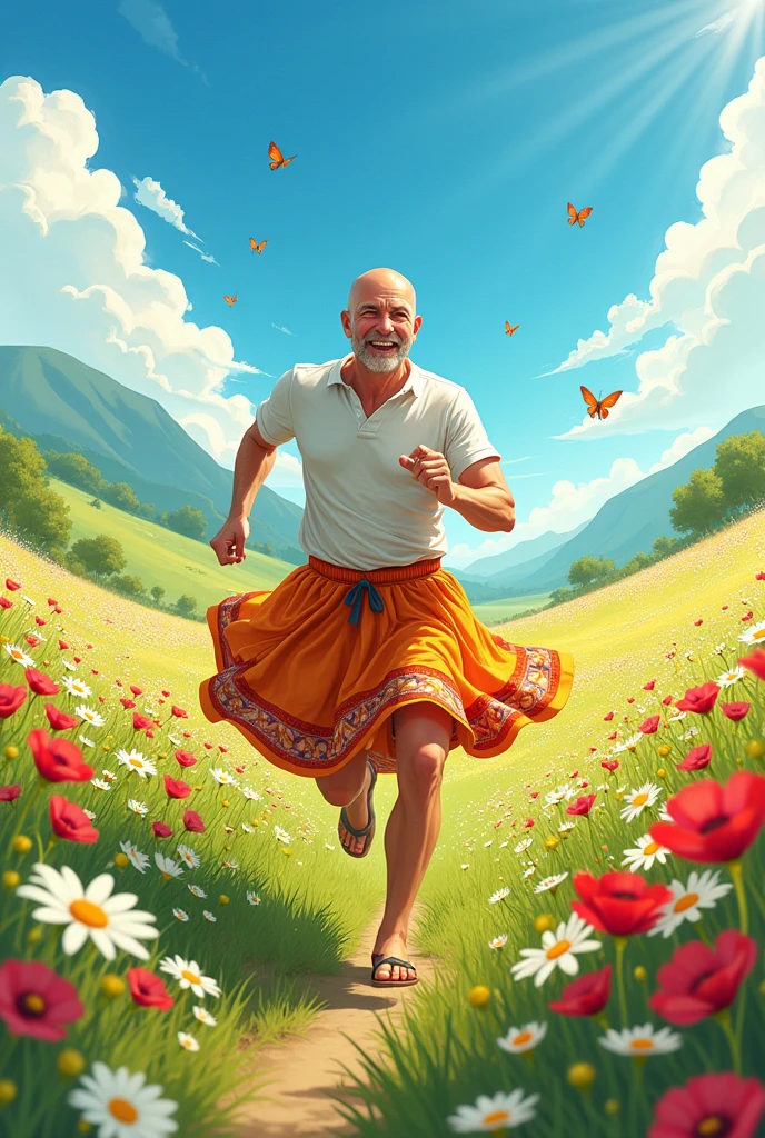 A middle-aged bald man wearing a skirt running through a flower field　anime