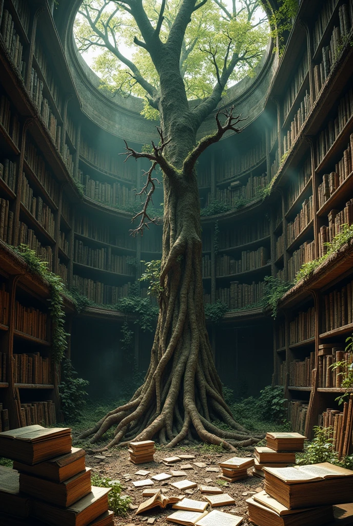 there is a tree in the middle of a room with bookshelves, in a ravaged library, an overgrown library, ancient library, dusty library, gloomy library, old library, surreal abandoned buildings, surreal concept art, library of babel, detailed conceptual photography, surreal + highly detailed, nadav kander, fancy library, library of ruina concept art