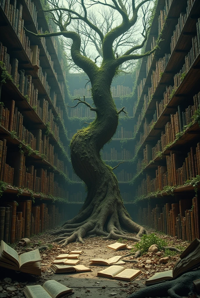 there is a tree in the middle of a room with bookshelves, in a ravaged library, an overgrown library, ancient library, dusty library, gloomy library, old library, surreal abandoned buildings, surreal concept art, library of babel, detailed conceptual photography, surreal + highly detailed, nadav kander, fancy library, library of ruina concept art
