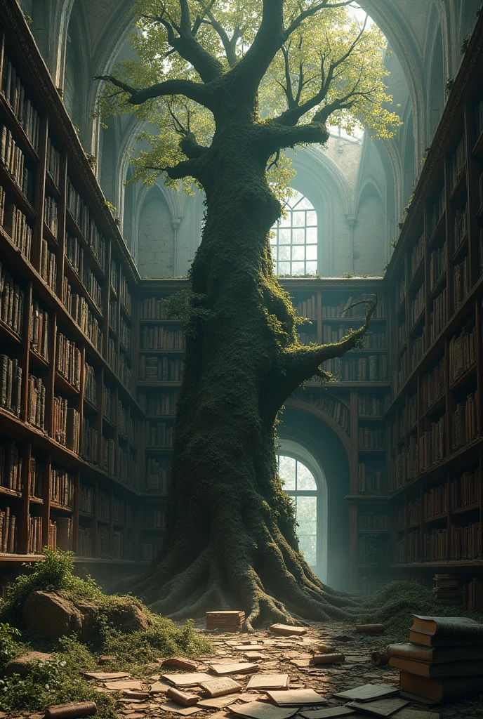 there is a tree in the middle of a room with bookshelves, in a ravaged library, an overgrown library, ancient library, dusty library, gloomy library, old library, surreal abandoned buildings, surreal concept art, library of babel, detailed conceptual photography, surreal + highly detailed, nadav kander, fancy library, library of ruina concept art