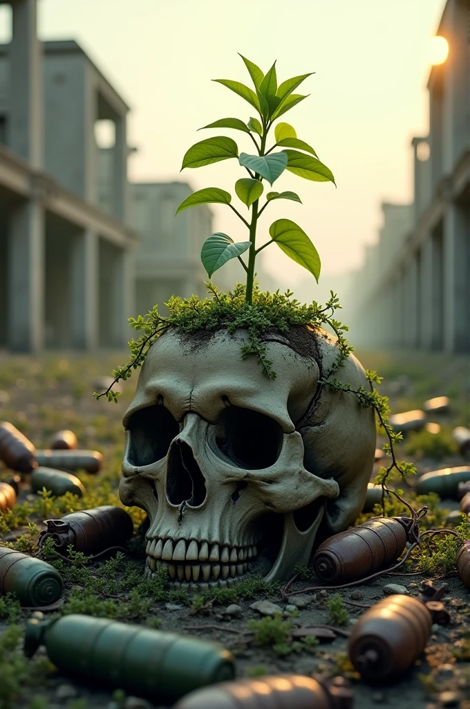 A plant growing inside a skull placed in the middle of an abanded city which contains only war remains like skeletons grenade etc