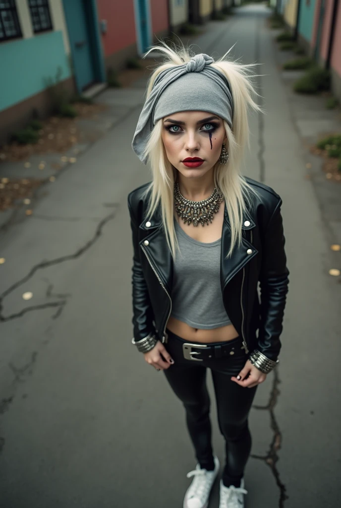russian milf woman, biker gang member, platinum blonde hair with grey bandana headband, with very light blue eyes, extremely pale, heavy eye shadows. Sad face, smeared make up, runny mascara. Wearing black moto jacket, cropped rock band grey t-shirt, leather skinny jeans and white tennis sneakers  . Lots of metallic bracelets and collars. Tacky leather belt with oversized, excessive buckle. Hands in pockets Wide loop earrings. Looks amazed to the camera: big eyes, open mouth