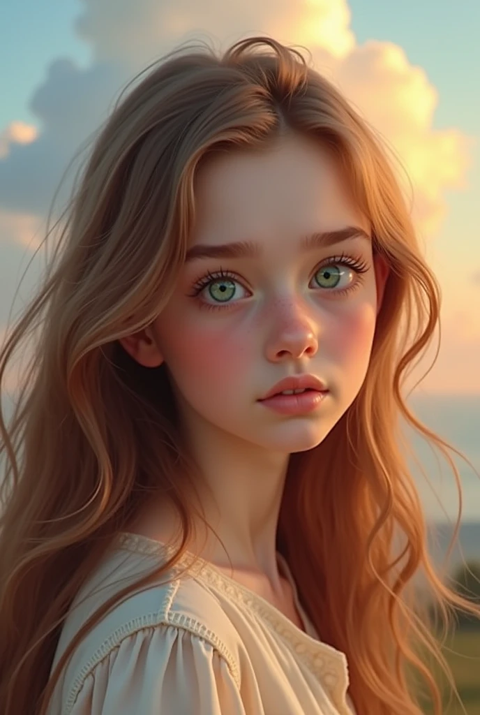Innocent face of a age girl with angelic green eyes pixie nose long narrow face and sharp jawline