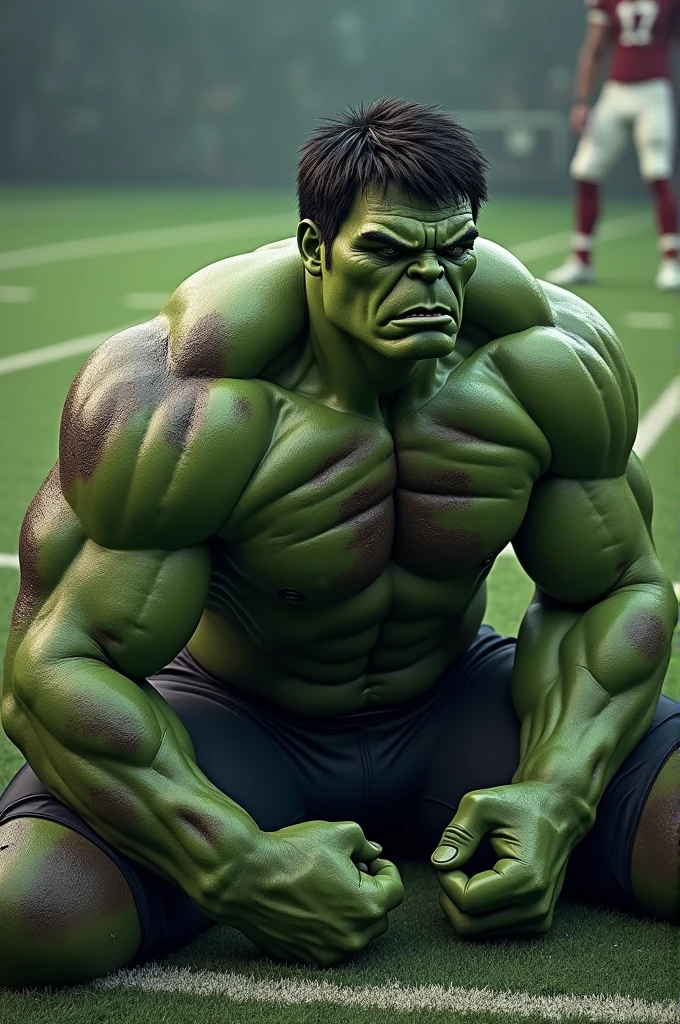 Marvel's Hulk is dead, covered in bruises on the floor of a football field.