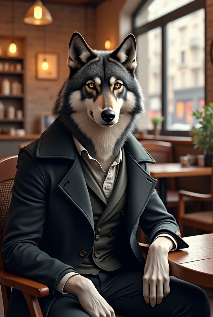 Male Wolf, Wolf, dark gray and white fur, sitting, wearing_coat, cafe_background, by kenket, by darkgem, by miosha, detailed_face,Detailed_clothes, detailed_eyes, perfect_eyes,Detailed_clothes, detailed_eyes, perfect_eyes,Detailed_clothes, detailed_eyes, perfect_eyes,Detailed_clothes, detailed_eyes, perfect_eyes,Detailed_clothes, detailed_eyes, perfect_eyes,detailed_eyes, perfect_eyesdetailed_eyes, perfect_eyes full_body, antrho ,bara,full_body, mane, smooth_light, smooth, cute, slim, not_so_muscular, mane