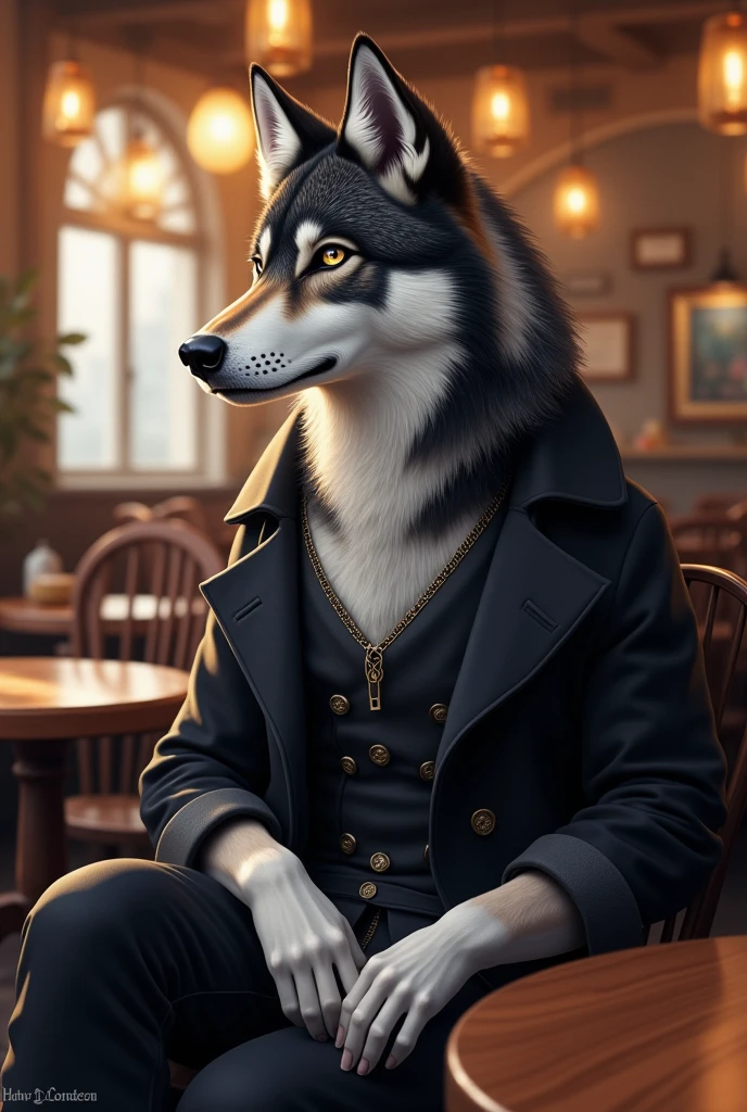 Male Wolf, Wolf, dark gray and white fur, sitting, wearing_coat, cafe_background, by kenket, by darkgem, by miosha, detailed_face,Detailed_clothes, detailed_eyes, perfect_eyes,Detailed_clothes, detailed_eyes, perfect_eyes,Detailed_clothes, detailed_eyes, perfect_eyes,Detailed_clothes, detailed_eyes, perfect_eyes,Detailed_clothes, detailed_eyes, perfect_eyes,detailed_eyes, perfect_eyesdetailed_eyes, perfect_eyes full_body, antrho ,bara,full_body, mane, smooth_light, smooth, cute, slim, not_so_muscular, mane