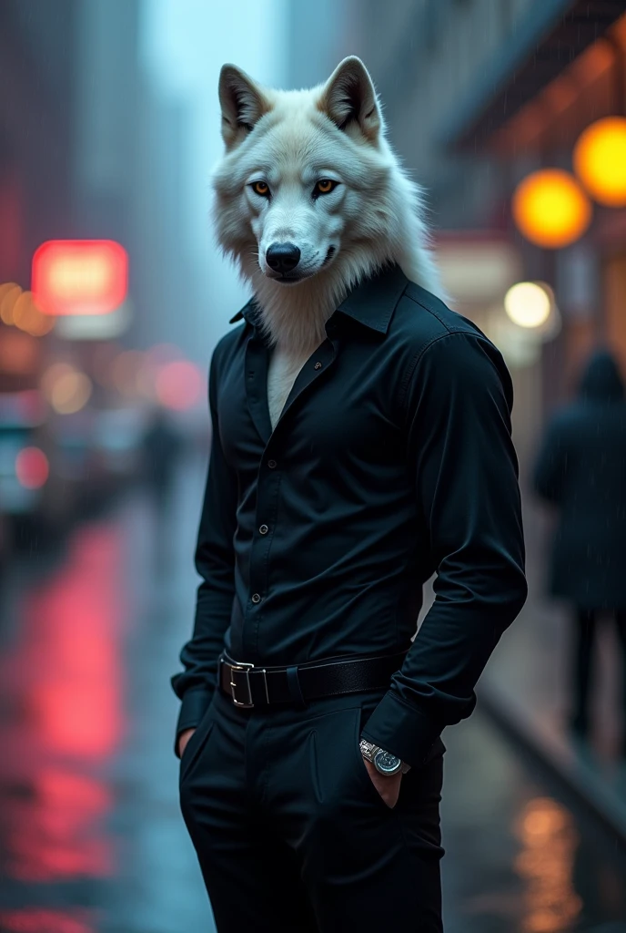 Cyan-furred male wolf with white fur, passive, sexy, and arousing, wearing a black shirt and black pants.